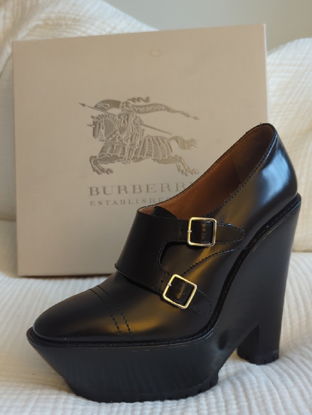 Burberry Prorsum Black Patent Double-Buckle Creeper Platform Heels